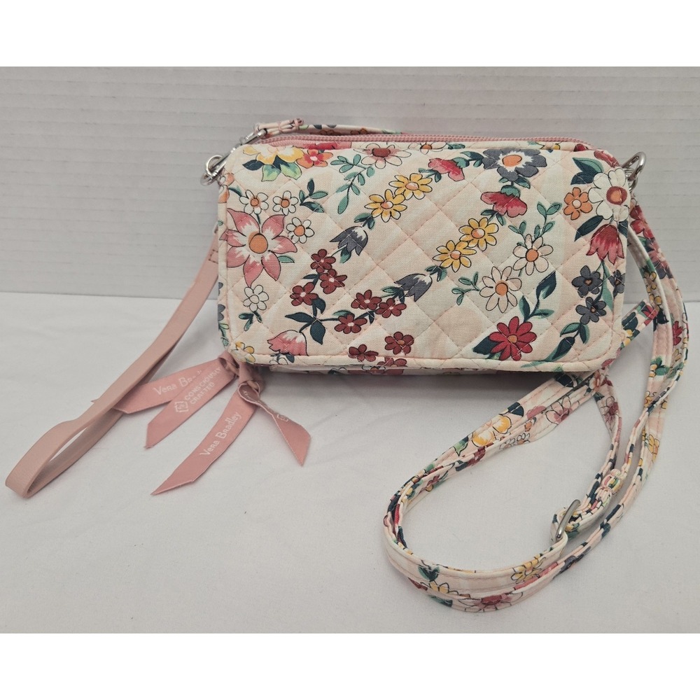 Vera Bradley All In One Crossbody Wallet Prairie Paisley with RFID protection.